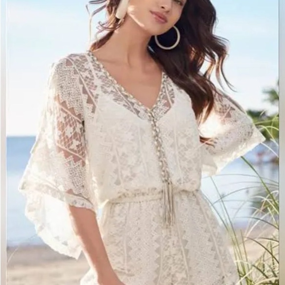 Elegant Lace Romper Cream Cold Shoulder